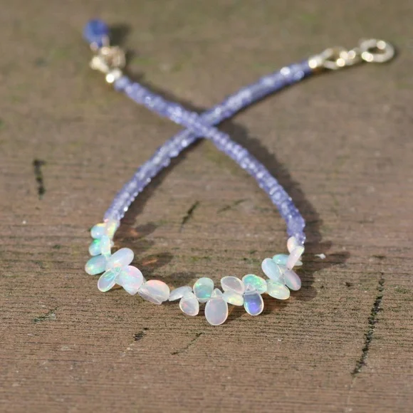 Handmade Natural Welo Opal and Tanzanite Bracelet Solid 14k Gold , 7.5" - 7.9" - Picture 3 of 11